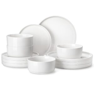 MALACASA 12-Piece Porcelain Dinnerware Set – Modern White Dish Set for 4 Folks, Sturdy Serving Plates and Bowls, Chip and Scratch Resistant Kitchen Eating Dishes