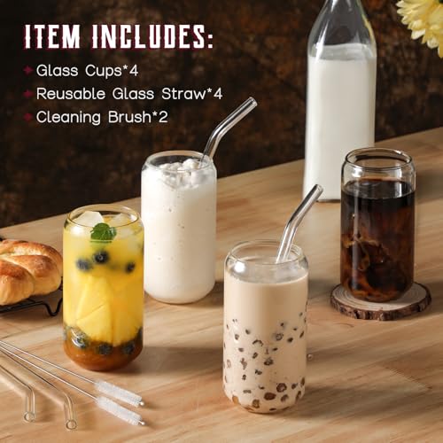 NETANY 4-Piece Consuming Glass Set with Glass Straws - 16oz Highball Glasses, Excellent for Beer, Iced Espresso, Whiskey, Soda, Tea, Water, and Extra, Charming Tumbler Cups, Preferrred...