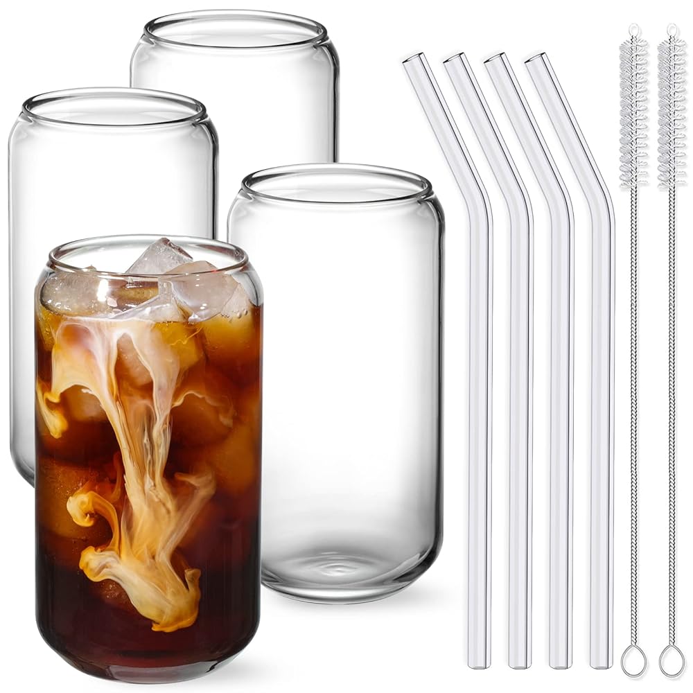 NETANY 4-Piece Consuming Glass Set with Glass Straws – 16oz Highball Glasses, Excellent for Beer, Iced Espresso, Whiskey, Soda, Tea, Water, and Extra, Charming Tumbler Cups, Preferrred…