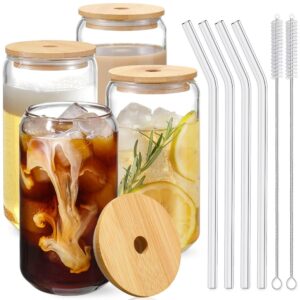 Set of 4 Ingesting Glasses with Bamboo Lids and Glass Straws – 16oz Cups, Good for Iced Espresso, Iced Tea, Beer, and Espresso Bar Equipment