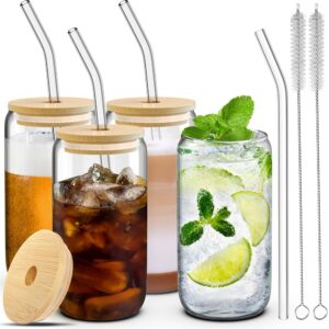 Set of 4 Glass Cups with Lids and Straws – 16 oz Consuming Glasses for Iced Espresso, That includes Bamboo Lids and Tumblers with Straw, Excellent for Espresso and Beverage Enjoyment