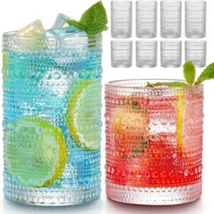 Set of 8 Classic Hobnail Ingesting Glasses – Consists of 12 oz Highball and 10 oz Cocktail Glasses, Excellent for Water, Beer, Juice, and Cocktails in Your Kitchen or Bar